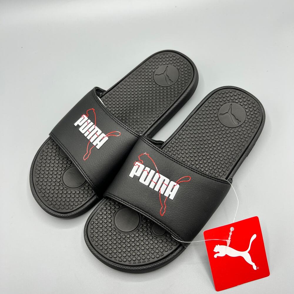 NEW Puma Cool Cat Logo Slides Size 7Y/8.5 Women's Black/White Slide On Shoes
